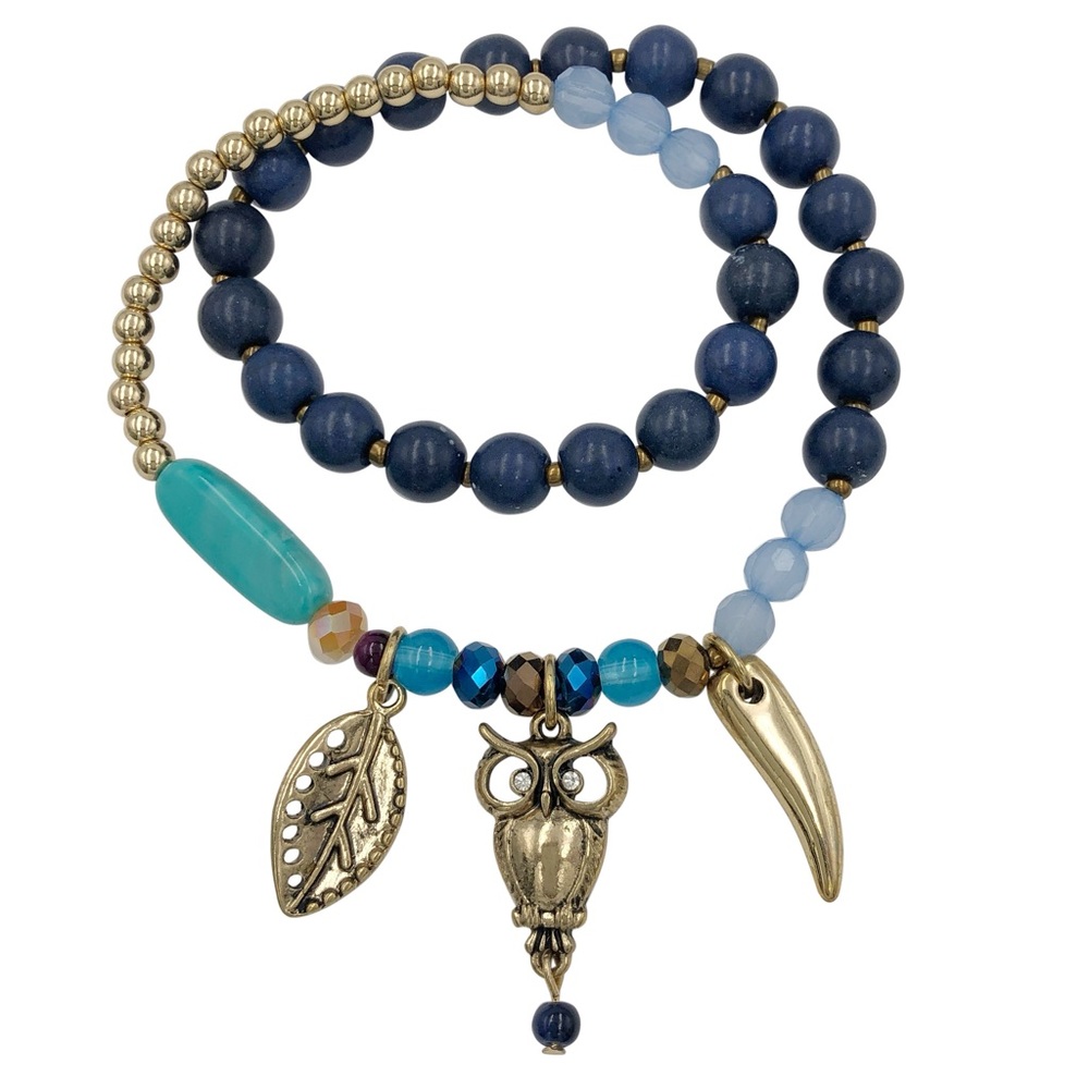 Owl Leaf Horn Gold Tone Charm Blue Beaded Stretch Wrap Bracelet